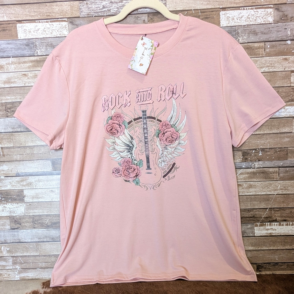 New Pink Graphic Rock & Roll Pink W Guitar T-Shirt